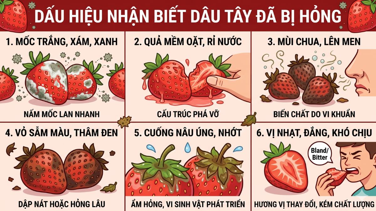 Dấu hiệu nhận biết dâu tây đã bị hỏng