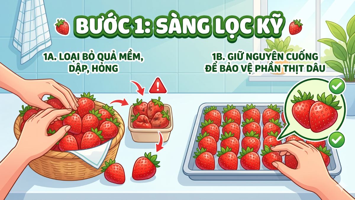 Cách bảo quản dâu tây trong tủ lạnh đúng chuẩn bước 1