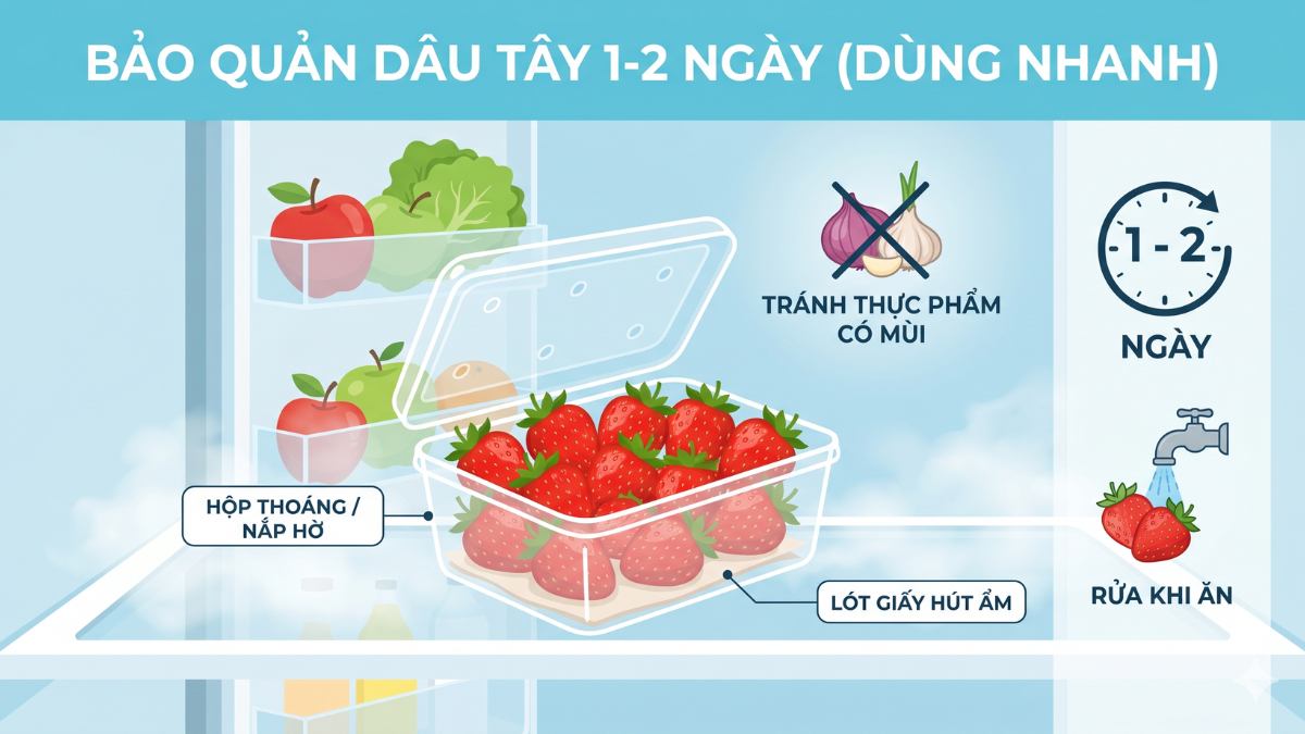 Cách bảo quản dâu tây trong tủ lạnh theo thời gian sử dụng