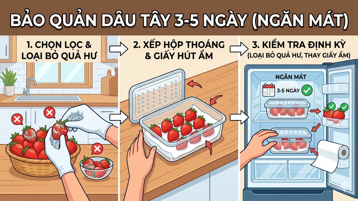 Cách bảo quản dâu tây trong tủ lạnh theo thời gian sử dụng
