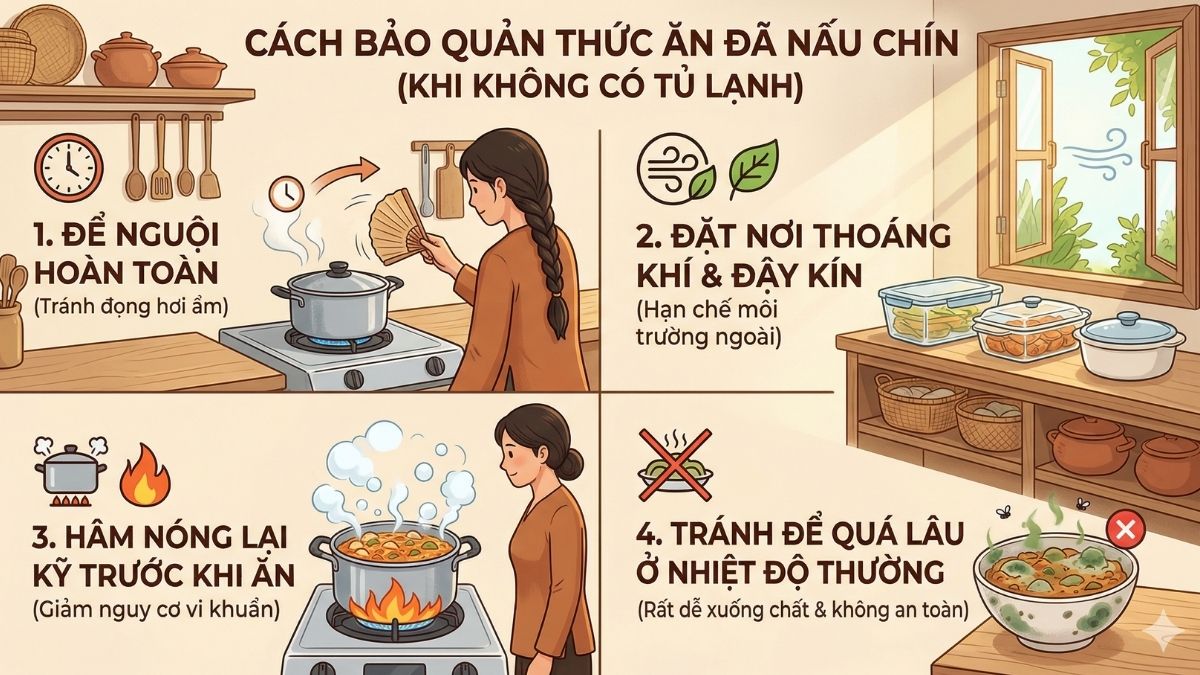 Cách bảo quản thức ăn nấu chín khi không có tủ lạnh
