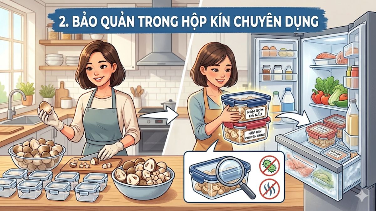 Cách bảo quản nấm rơm đã nấu chín trong tủ lạnh