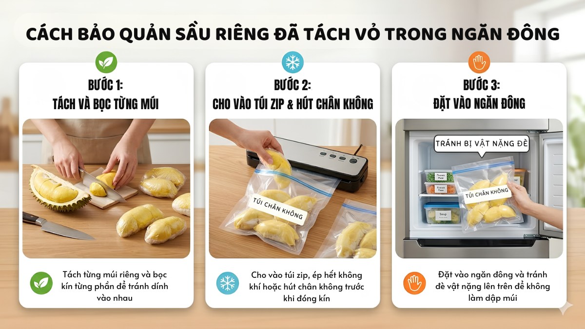 Cách bảo quản sầu riêng đã tách vỏ trong ngăn đông 