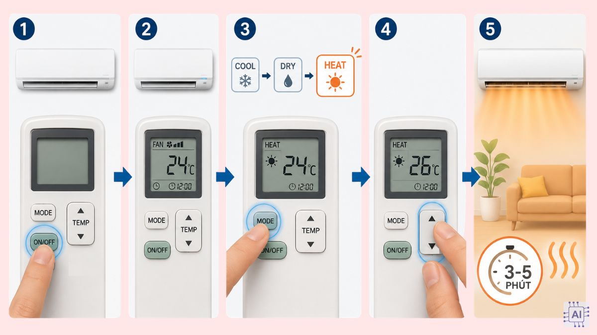 Cách bật điều hoà nóng khi máy đang tắt