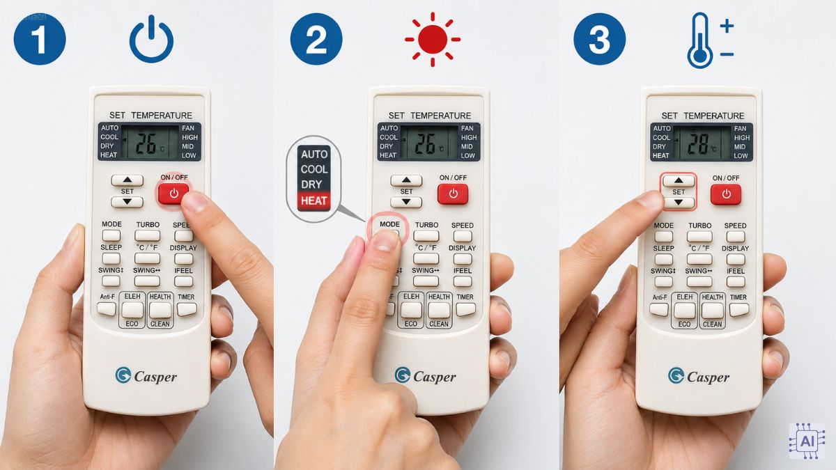 Cách bật điều hoà nóng Casper