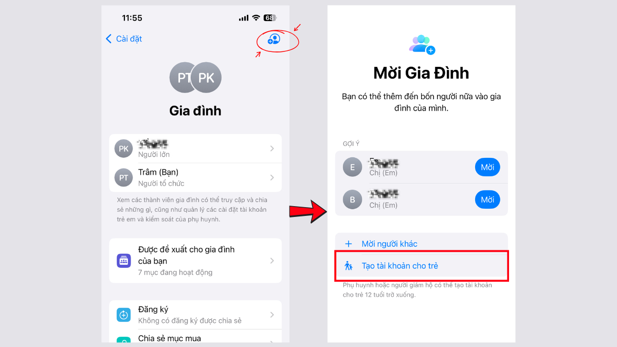 Cách tạo tài khoản trẻ em và thiết lập Family Sharing