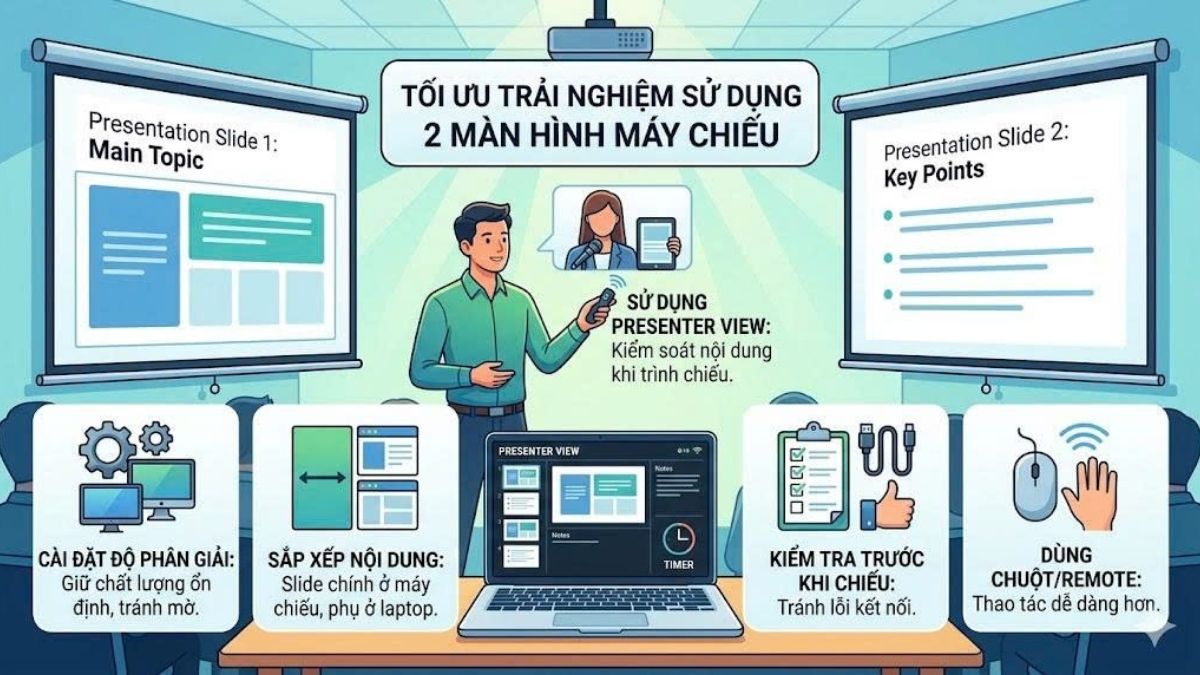 Cách tối ưu trải nghiệm khi sử dụng 2 màn hình máy chiếu