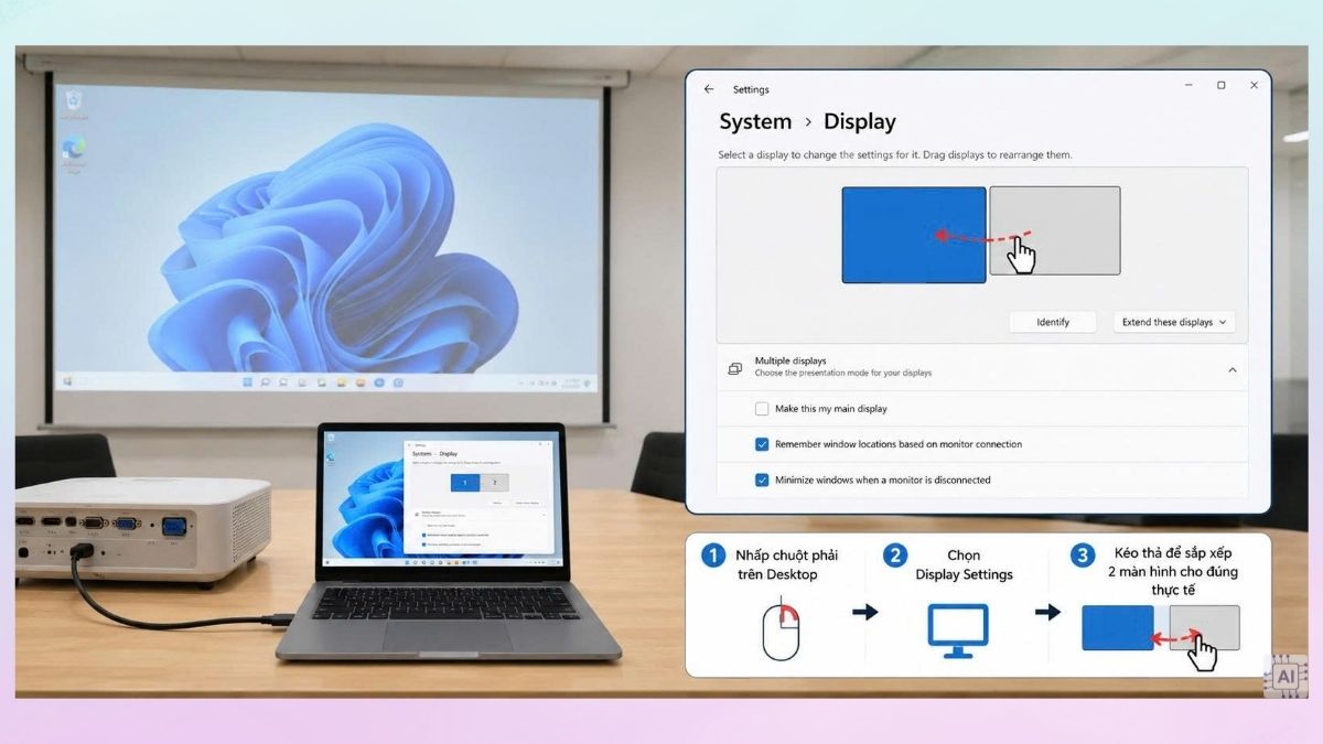 Cách chỉnh 2 màn hình máy chiếu trên Windows đơn giản