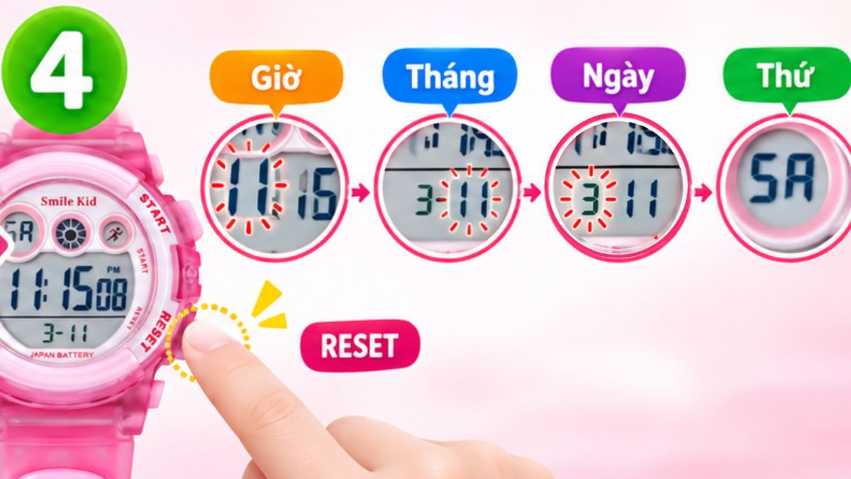 Cách chỉnh đồng hồ điện tử trẻ em 4 nút