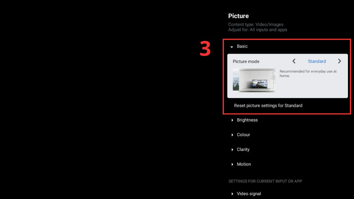 Cách chỉnh màu hình ảnh Google TV Sony trong cài đặt bước 3