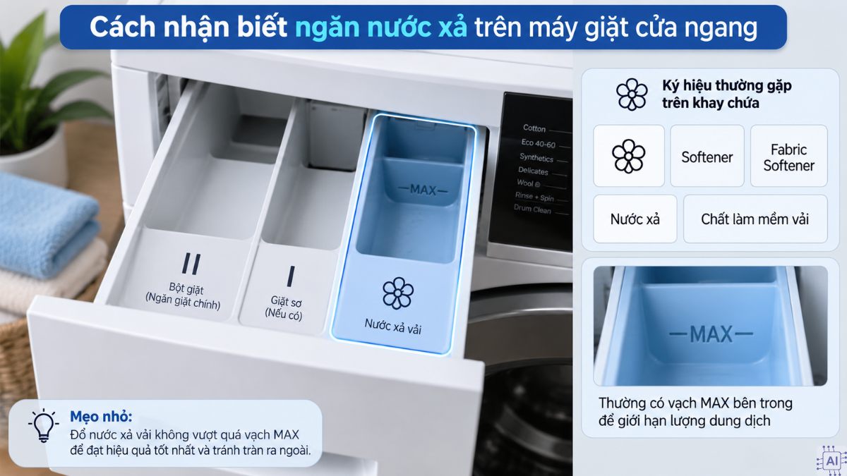 Cách nhận biết ngăn nước xả trên máy giặt cửa ngang