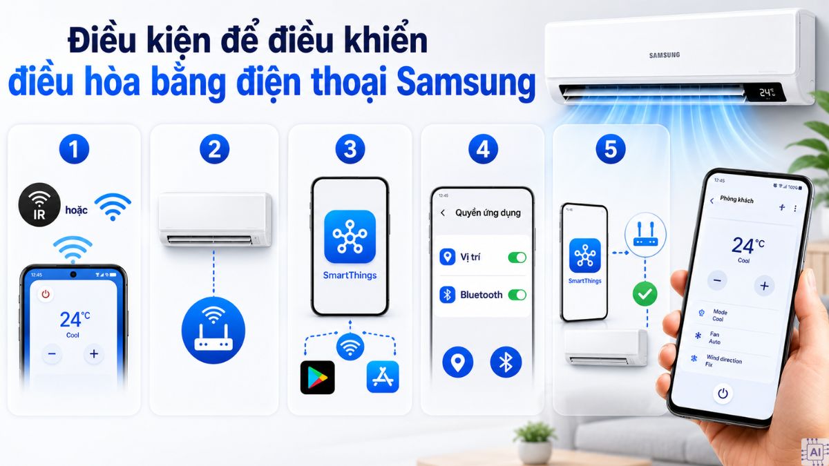 Điều kiện để điều khiển điều hòa bằng điện thoại Samsung