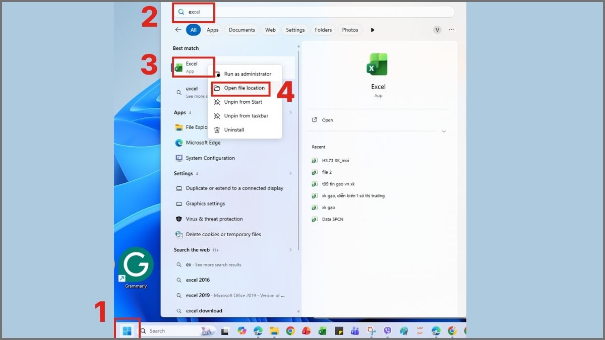 Cách đưa Excel ra màn hình desktop Win 11 bước 1