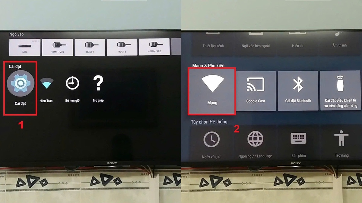 Cách kết nối WiFi tivi Sony đời cũ qua cài đặt mạng bước 1