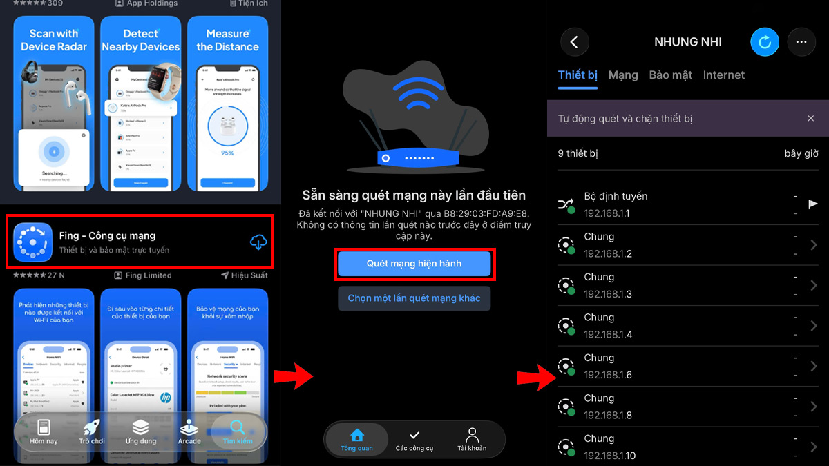 Dùng ứng dụng Fing trên điện thoại và Wireless Network Watcher trên máy tính