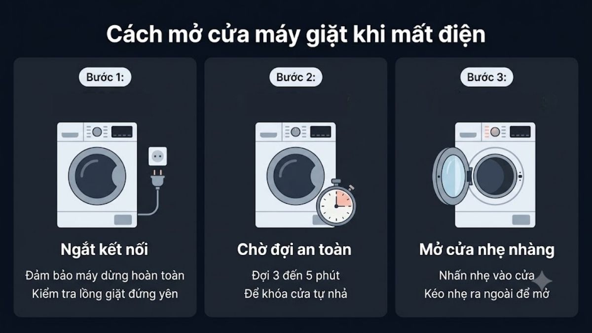 Mở cửa sau khi máy giặt xong
