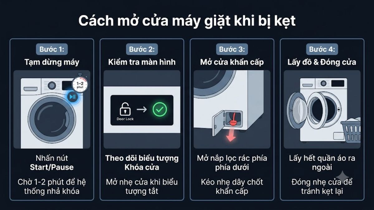 Mở cửa sau khi máy giặt xong