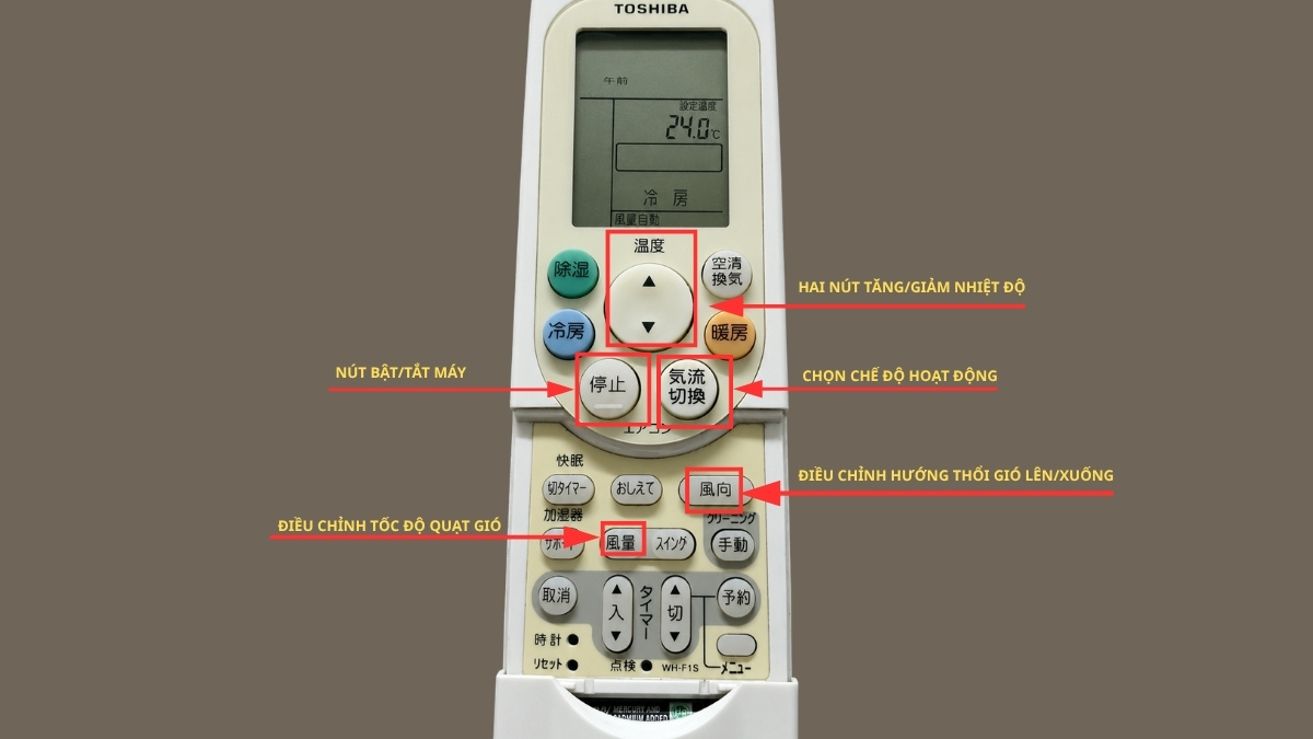 Các ký hiệu và nút trên remote máy lạnh Toshiba tiếng Nhật