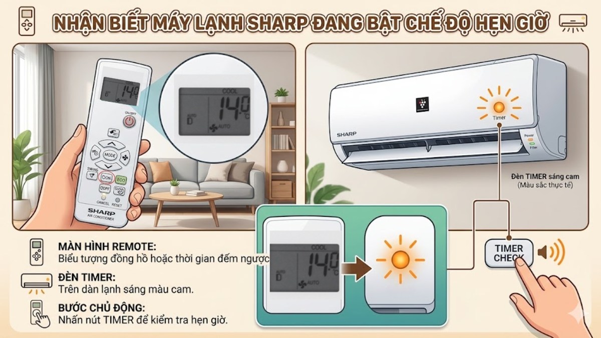 Nhận biết máy lạnh Sharp đang bật chế độ hẹn giờ
