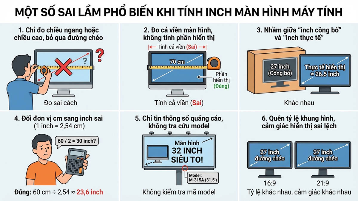 sai lầm phổ biến khi tính inch màn hình máy tính