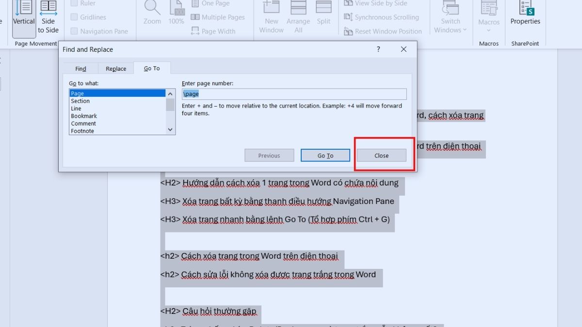 Cách xóa trang trong Word bằng lệnh Go To 