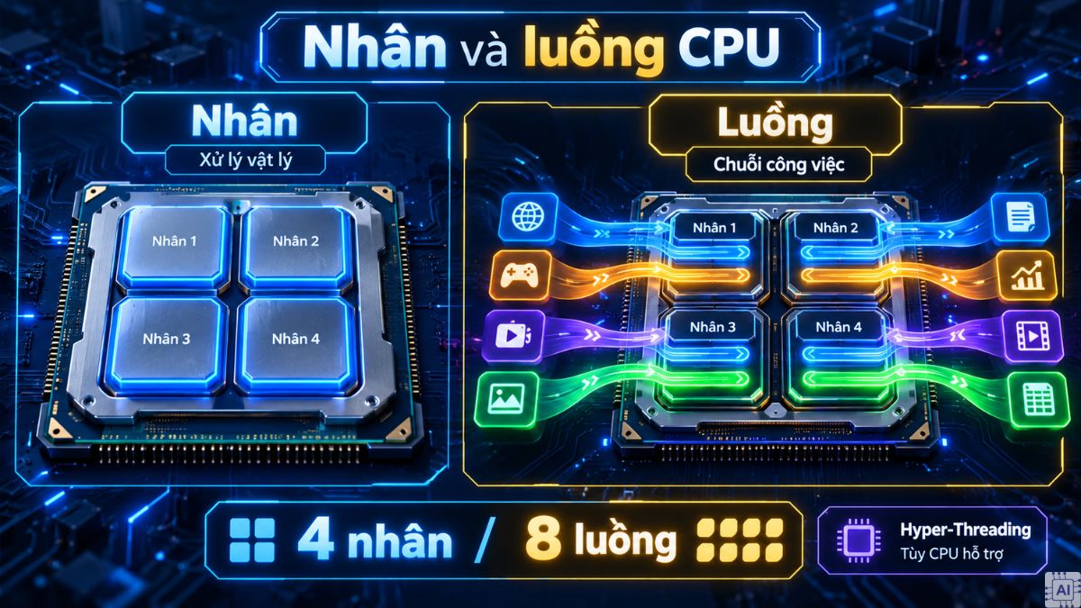 Nhân và luồng CPU khác nhau thế nào? 