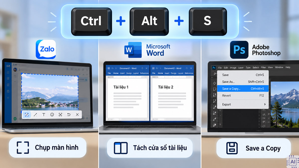 Ctrl + Alt + S là tổ hợp gồm ba phím Ctrl, Alt và S