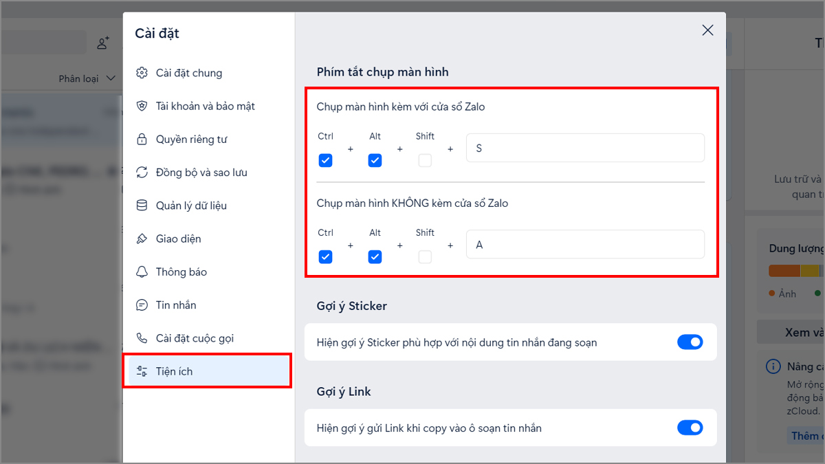 Cách đổi phím tắt chụp màn hình trên Zalo