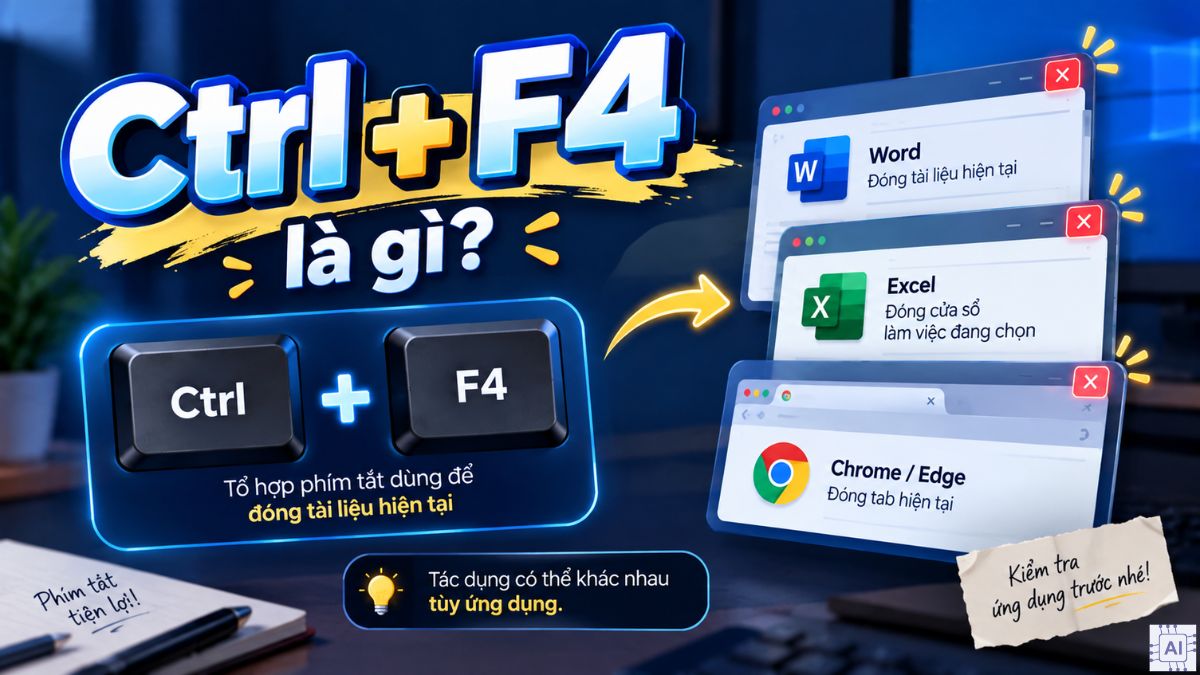 Ctrl + F4 là phím tắt dùng để đóng tài liệu, cửa sổ tài liệu hoặc tab