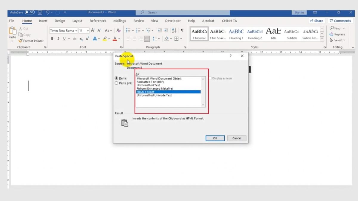 Ctrl+Alt+V mở Paste Special trong Word và Excel