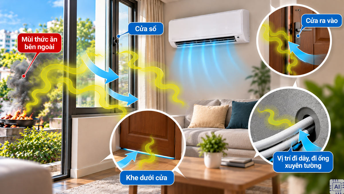 Vì sao phòng điều hòa vẫn có mùi từ bên ngoài?
