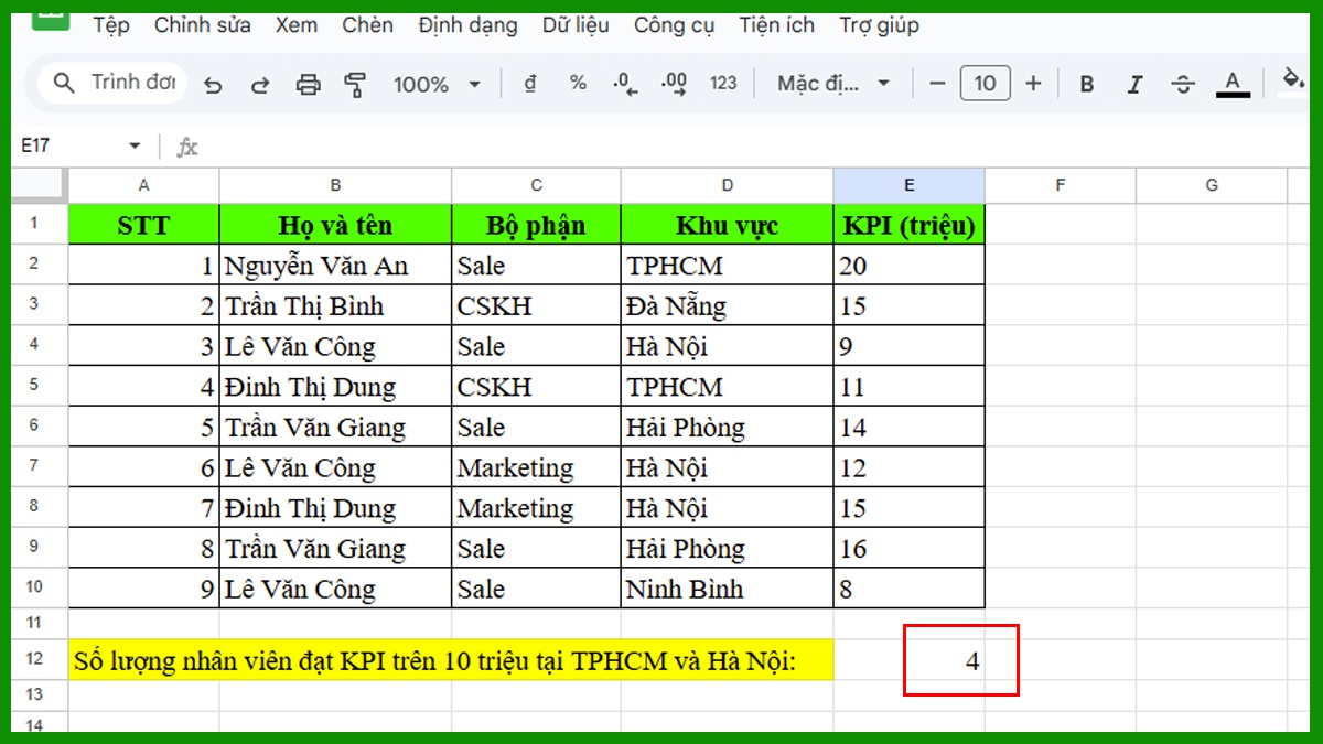Hàm COUNTIFS trong Google Sheet kết hợp hàm SUM Bước 3