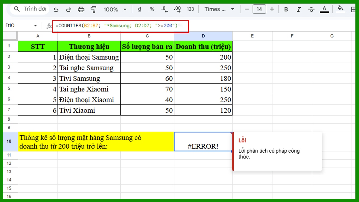 Hàm COUNTIFS trong Google Sheet không hoạt động khi đếm các giá trị text