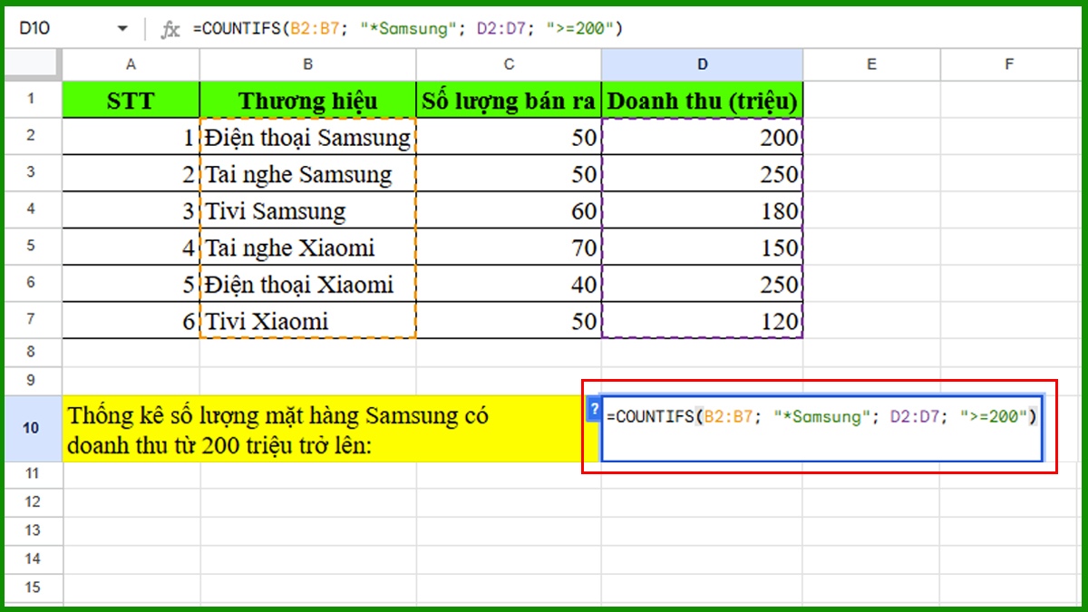 Hàm COUNTIFS trong Google Sheet kết hợp với ký tự đại diện Bước 2