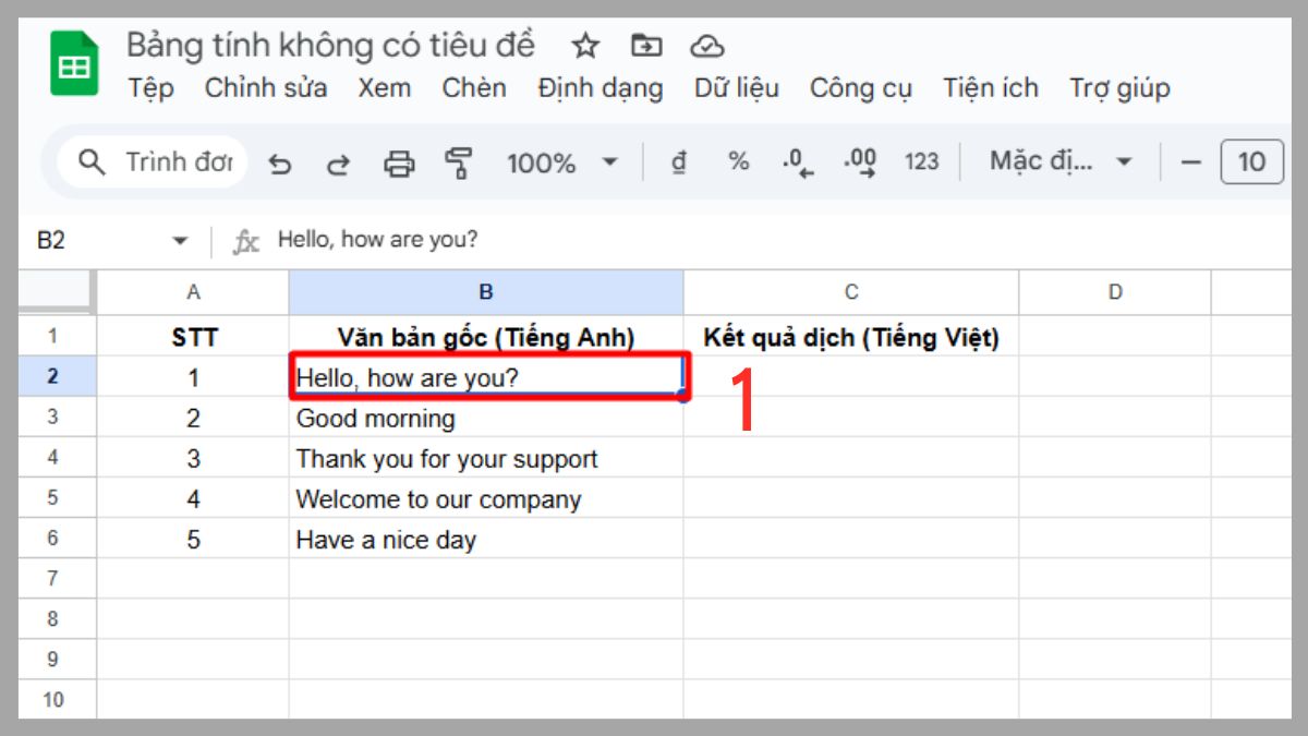 Dùng hàm GOOGLE TRANSLATE trong Google Sheet bước 1