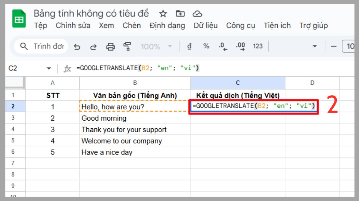 Dùng hàm GOOGLE TRANSLATE trong Google Sheet bước 2
