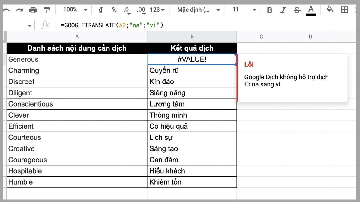 Ví dụ thực tế trong cách dùng hàm GOOGLE TRANSLATE 