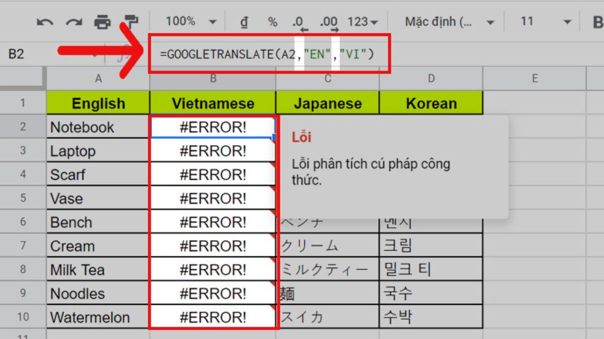 Các lỗi thường gặp khi sử dụng hàm Google Translate