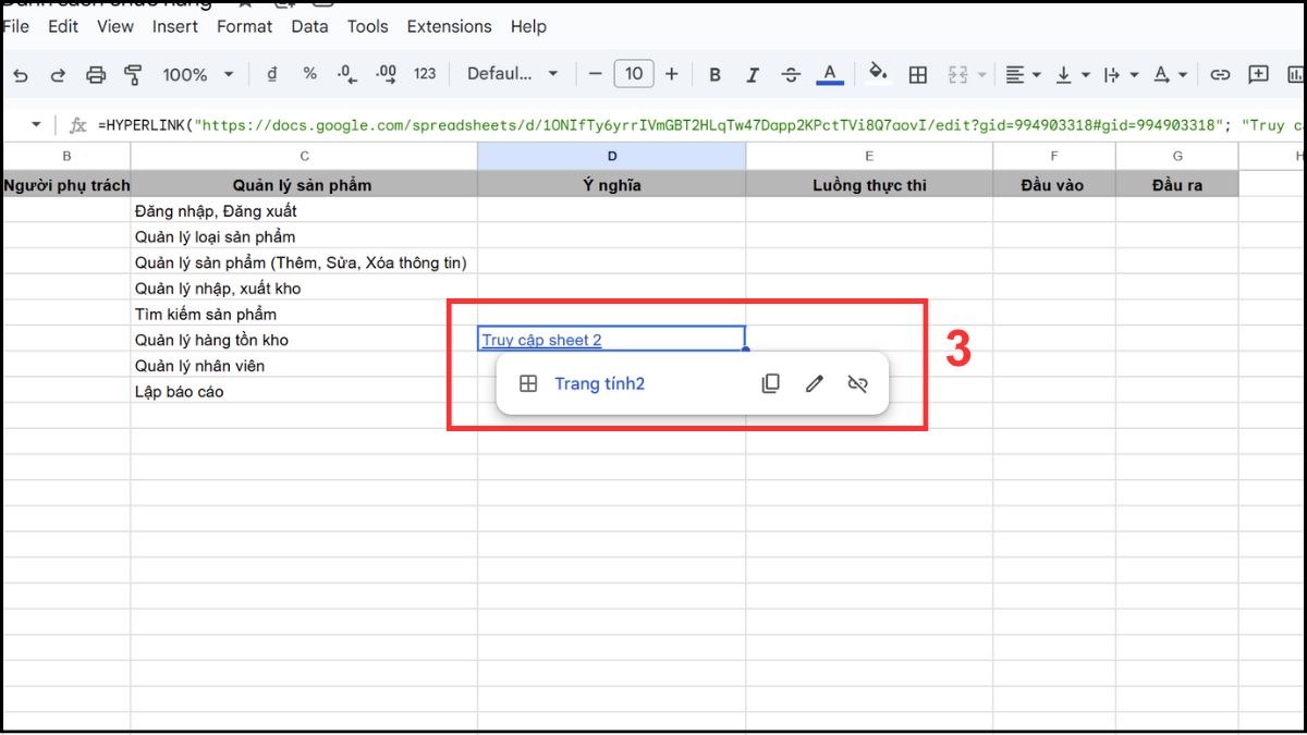 Hàm HYPERLINK trong Google Sheet tạo danh mục, mục lục, liên kết giữa các sheet trong cùng file bước 3