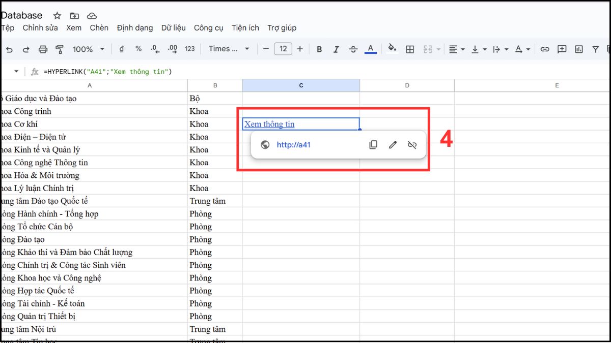 Hàm HYPERLINK trong Google Sheet tạo liên kết đến một vị trí cụ thể trong sheet bước 3