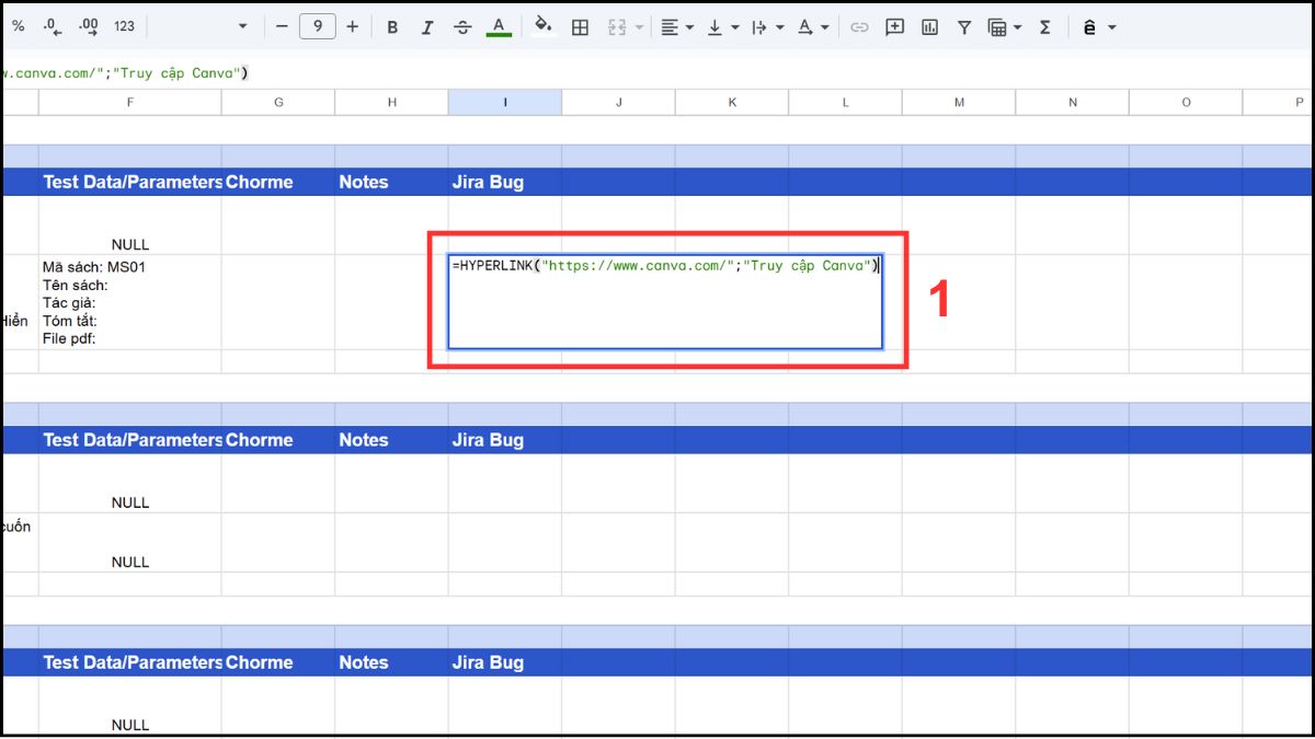Sử dụng hàm HYPERLINK trong Google Sheet chèn nhiều link cùng lúc bước 1