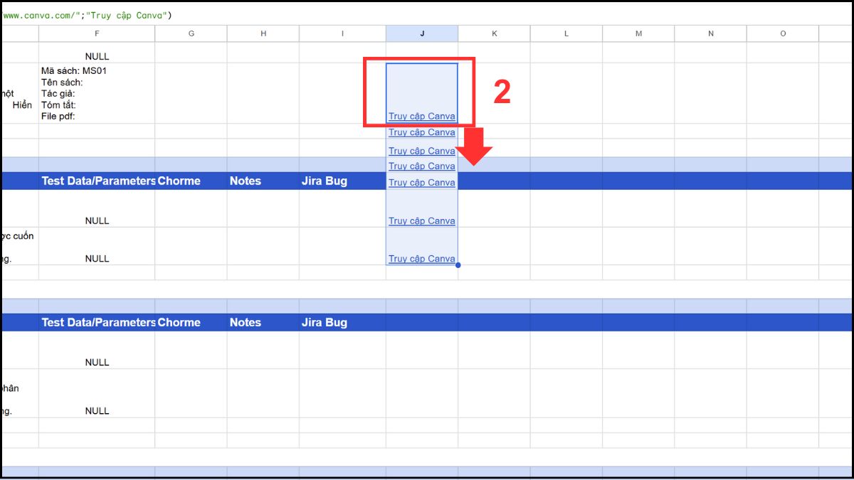 Sử dụng hàm HYPERLINK trong Google Sheet chèn nhiều link cùng lúc bước 2