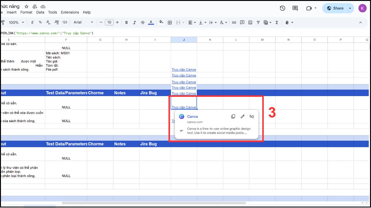 Sử dụng hàm HYPERLINK trong Google Sheet chèn nhiều link cùng lúc bước 3