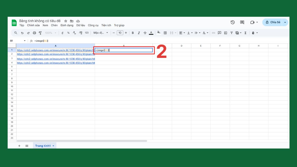 Hàm IMAGE trong Google Sheet chèn nhiều ảnh cùng lúc Bước 2