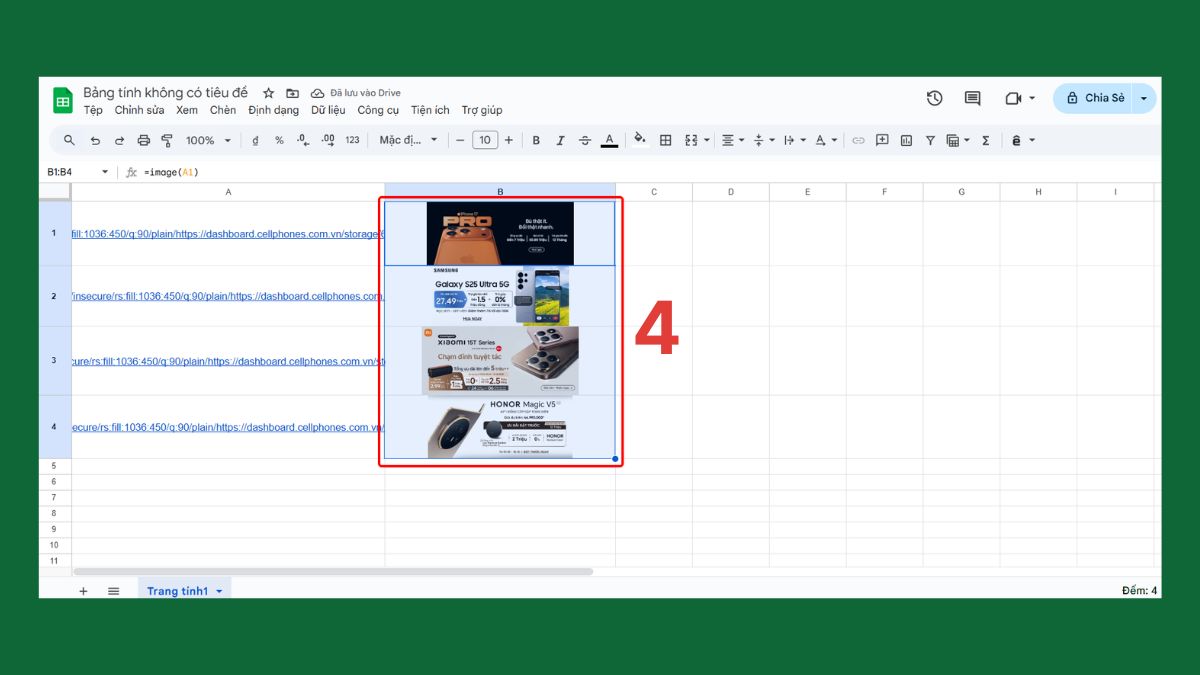 Hàm IMAGE trong Google Sheet chèn nhiều ảnh cùng lúc Bước 4