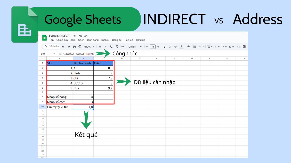 Kết hợp hàm INDIRECT với hàm Address