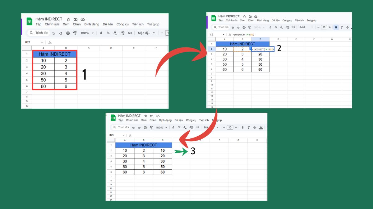 Tham chiếu ô và vùng dữ liệu động bằng hàm INDIRECT trong Google Sheets