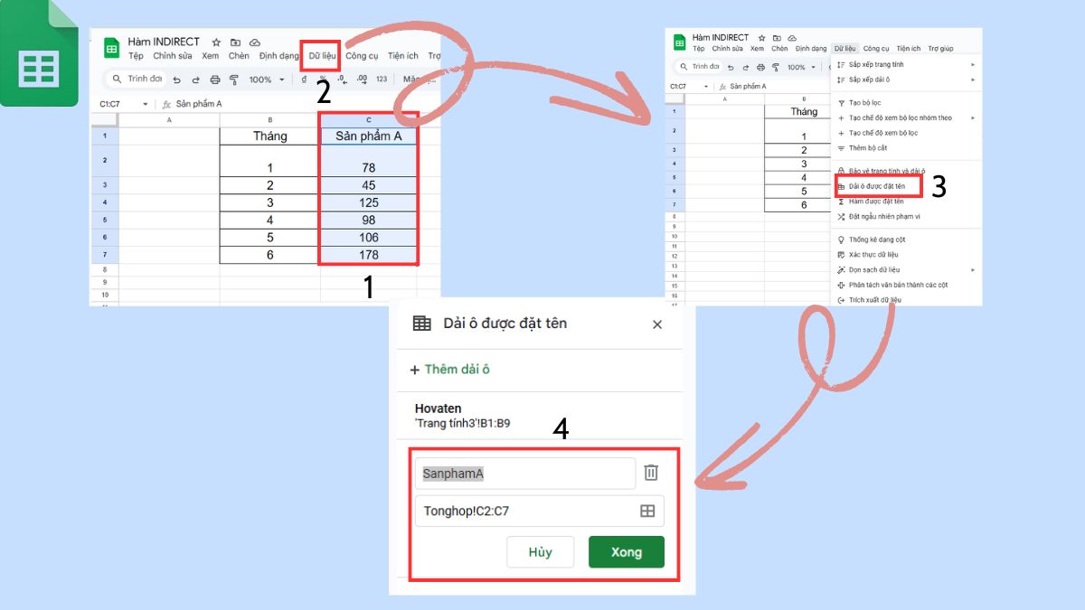 Hàm INDIRECT trong Google Sheets với Named Ranges Bước 1