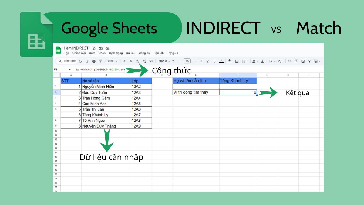 Kết hợp hàm INDIRECT với hàm Match