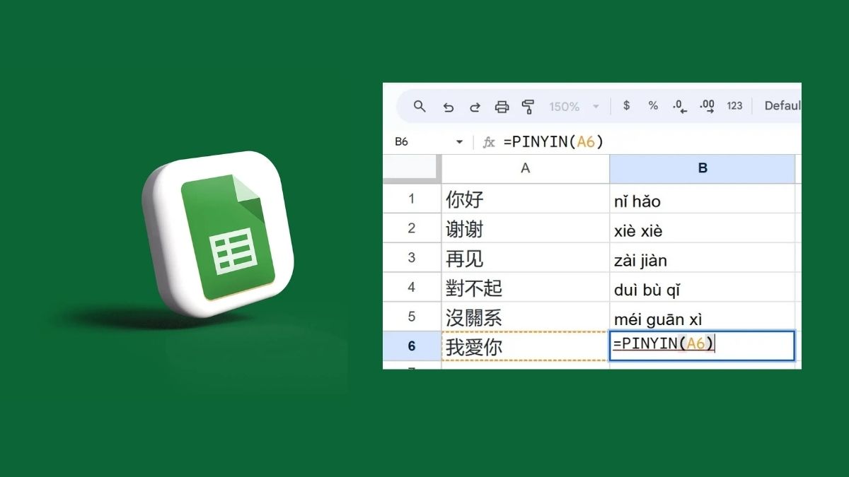 Hiện tại chưa có sẵn hàm Pinyin trong Google Sheet
